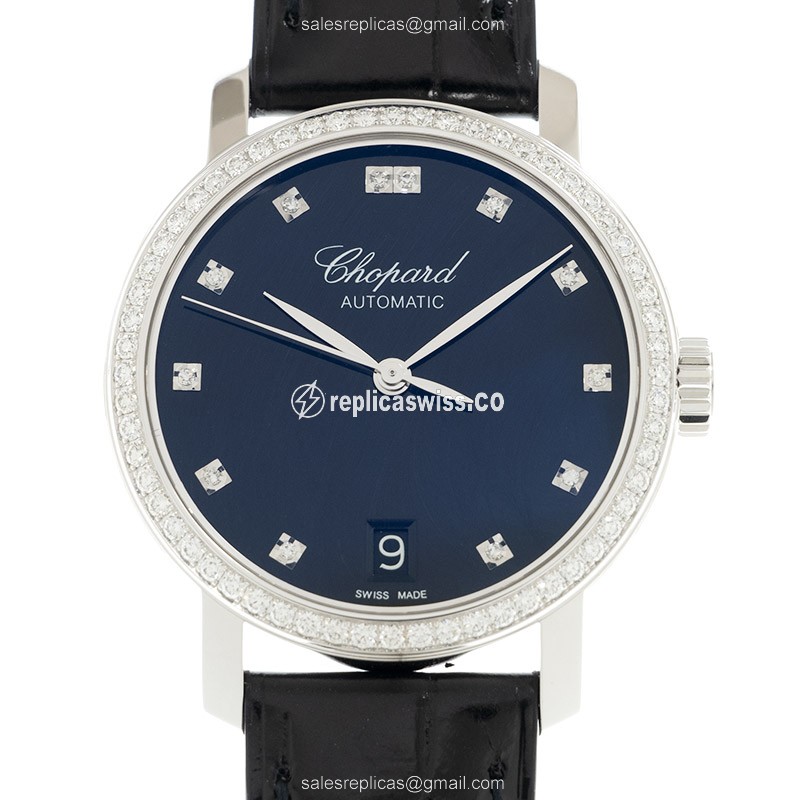 Chopard CLASSIQUE Replica - Automatic - 18kt White Gold - Diamond Bezel - Black Dial - Leather Strap - Buckle Clasp - Luxury Replica CLASSIQUE Watch